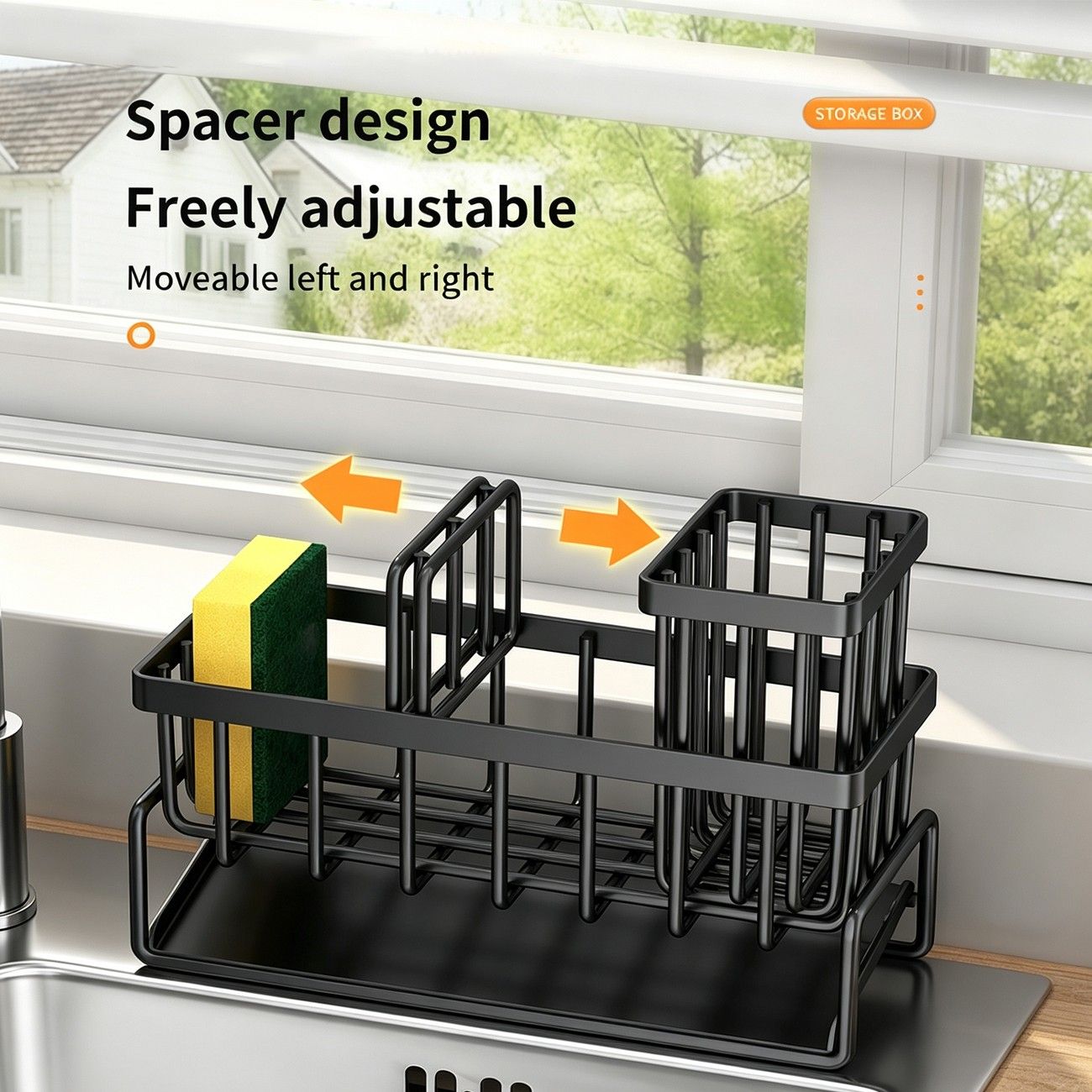 Carbon Steel Sink Caddy Organizer with Drain Tray, Detachable Brush Holder & Towel Bar, Black