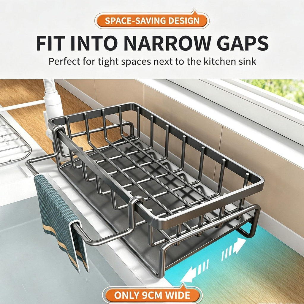 Carbon Steel Sink Caddy Organizer with Drain Tray, Detachable Brush Holder & Towel Bar, Black