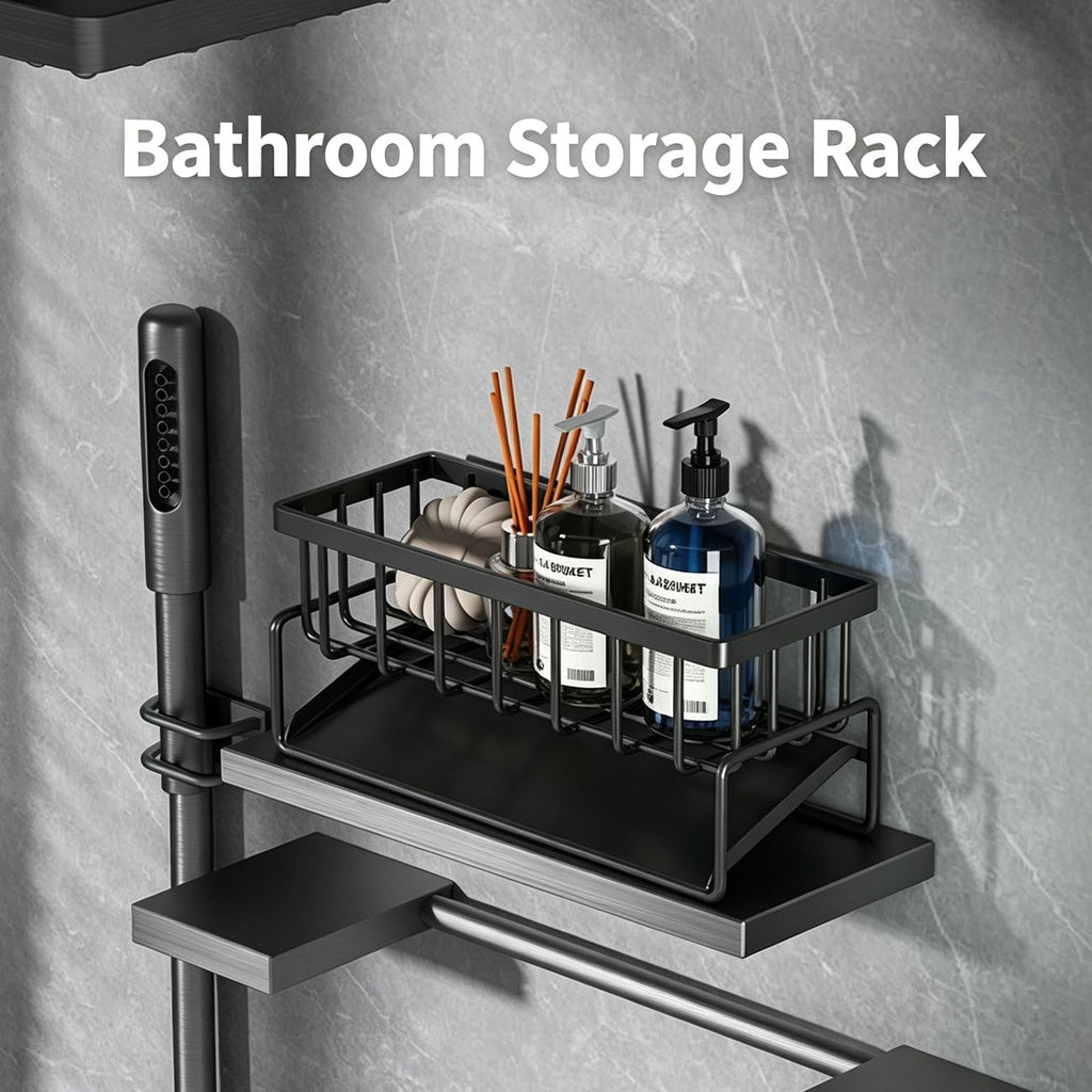 Carbon Steel Sink Caddy Organizer with Drain Tray, Detachable Brush Holder & Towel Bar, Black