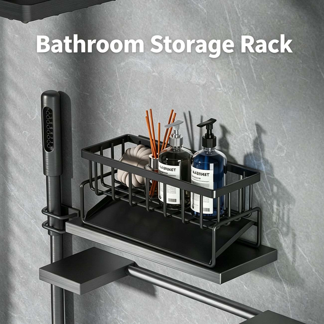 Carbon Steel Sink Caddy Organizer with Drain Tray, Detachable Brush Holder & Towel Bar, Black