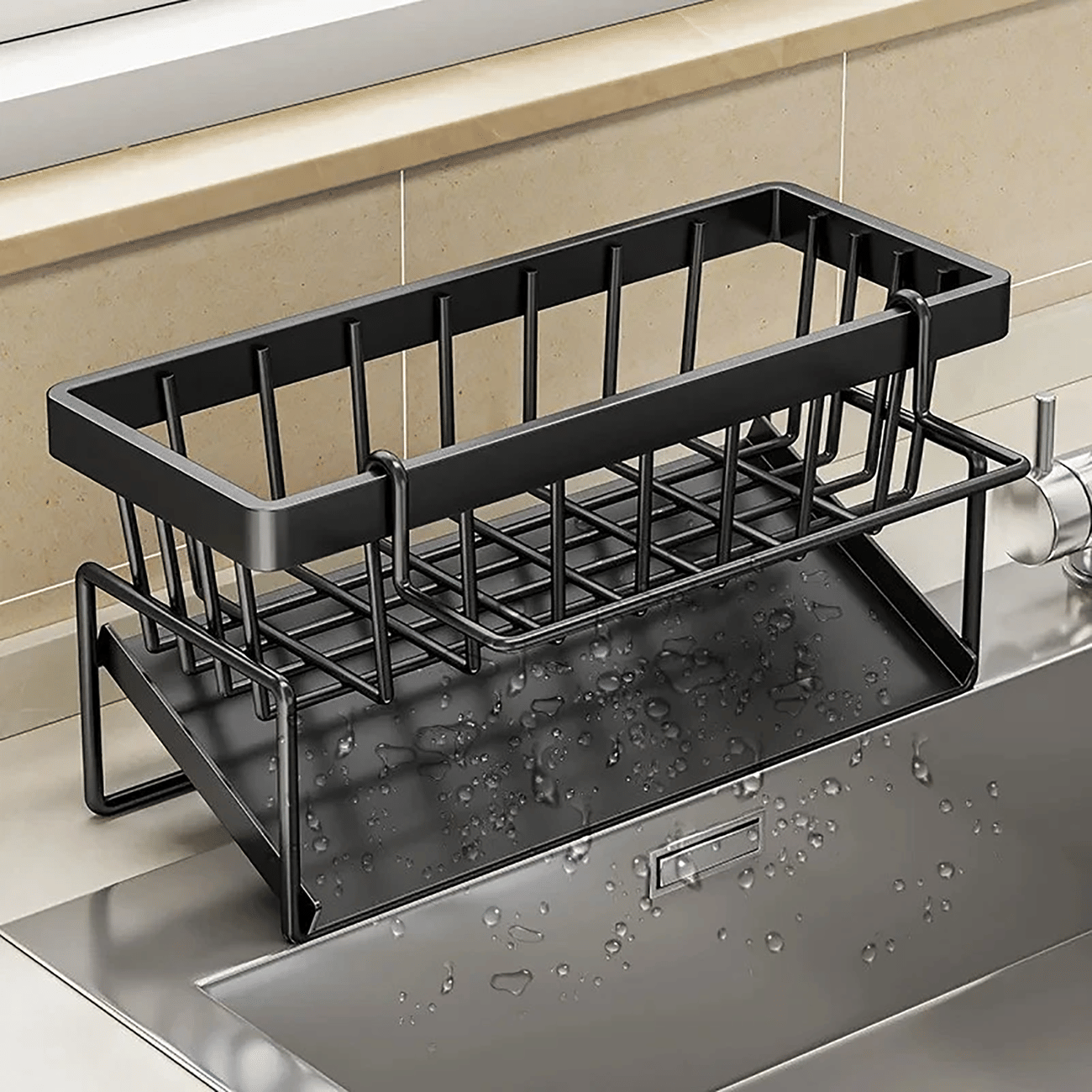 Carbon Steel Sink Caddy Organizer with Drain Tray, Detachable Brush Holder & Towel Bar, Black
