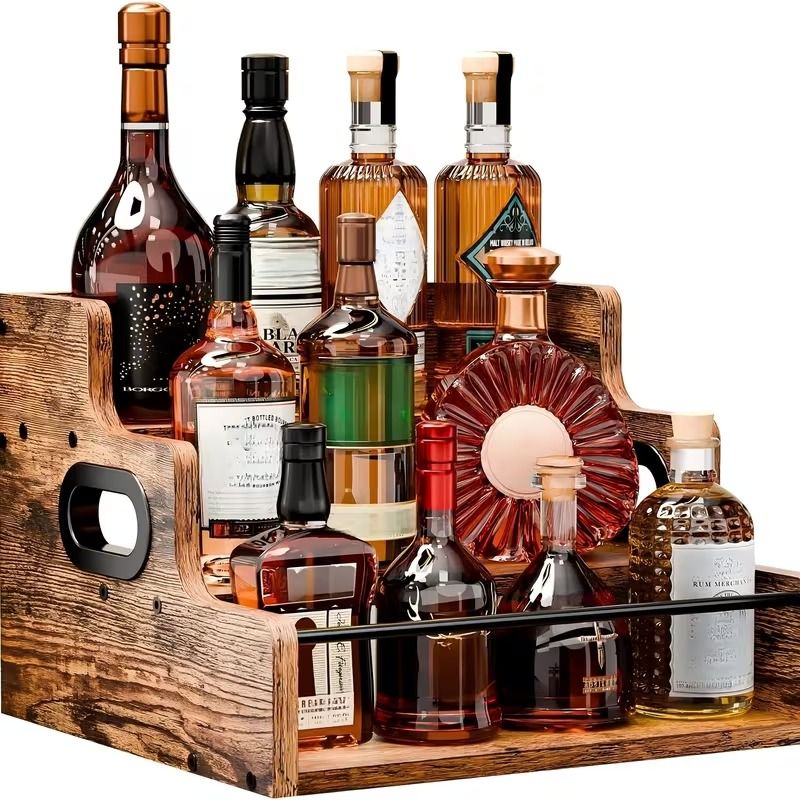 3-Tier Wooden Liquor Bottle Organizer, Countertop Bar Display Rack with Metal Guardrail & Handles, Rustic Brown