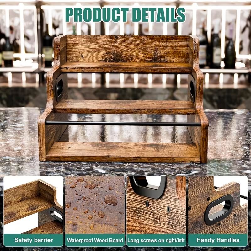 3-Tier Wooden Liquor Bottle Organizer, Countertop Bar Display Rack with Metal Guardrail & Handles, Rustic Brown
