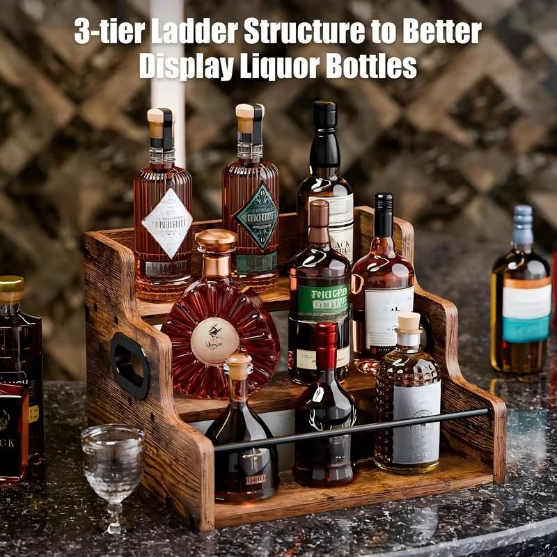 3-Tier Wooden Liquor Bottle Organizer, Countertop Bar Display Rack with Metal Guardrail & Handles, Rustic Brown