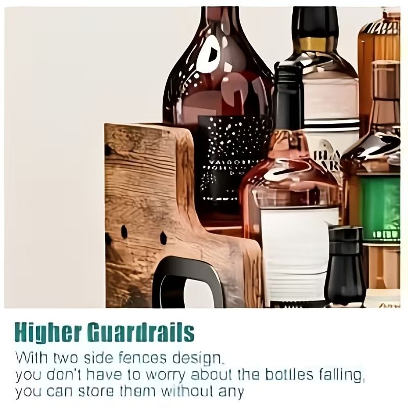 3-Tier Wooden Liquor Bottle Organizer, Countertop Bar Display Rack with Metal Guardrail & Handles, Rustic Brown