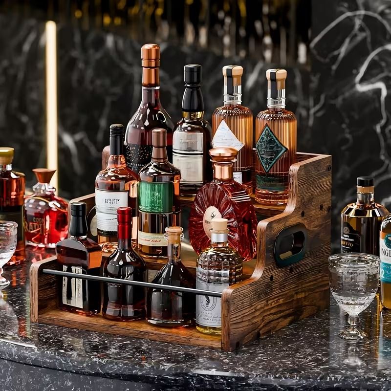 3-Tier Wooden Liquor Bottle Organizer, Countertop Bar Display Rack with Metal Guardrail & Handles, Rustic Brown