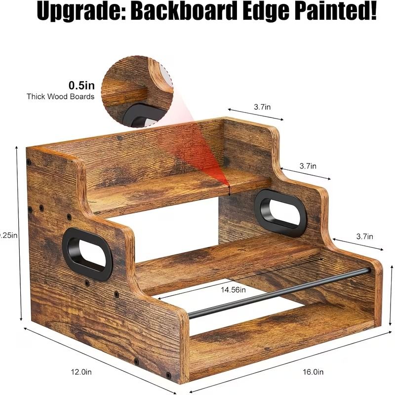 3-Tier Wooden Liquor Bottle Organizer, Countertop Bar Display Rack with Metal Guardrail & Handles, Rustic Brown