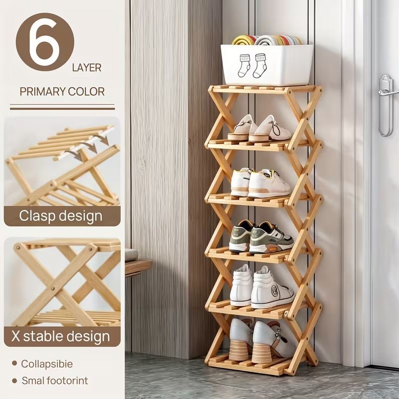 6-Tier Folding Bamboo Shoe Rack, Space-Saving Freestanding Shoe Organizer