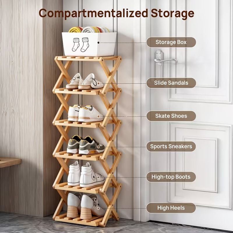 6-Tier Folding Bamboo Shoe Rack, Space-Saving Freestanding Shoe Organizer