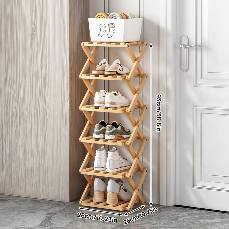 6-Tier Folding Bamboo Shoe Rack, Space-Saving Freestanding Shoe Organizer