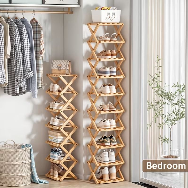 6-Tier Folding Bamboo Shoe Rack, Space-Saving Freestanding Shoe Organizer