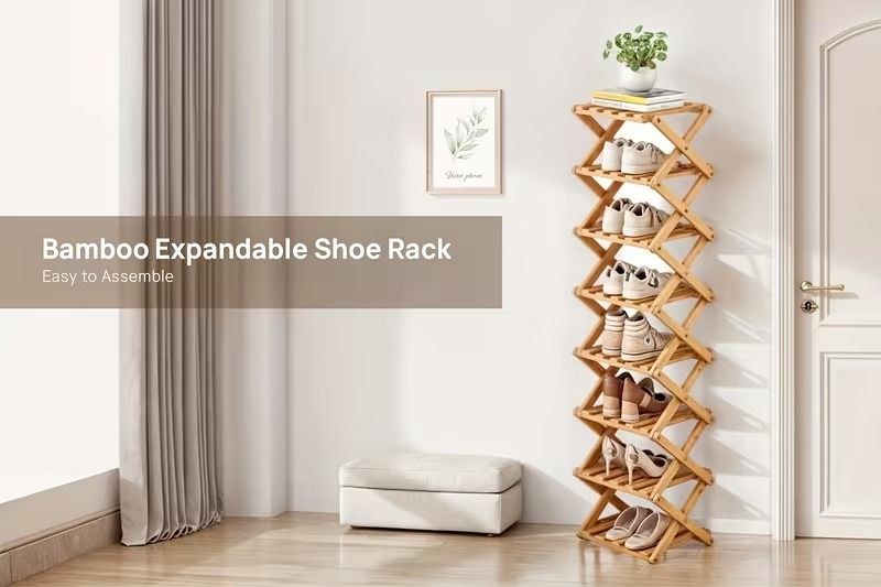 6-Tier Folding Bamboo Shoe Rack, Space-Saving Freestanding Shoe Organizer