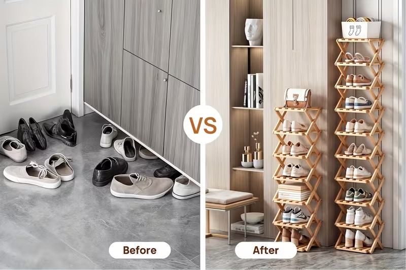 6-Tier Folding Bamboo Shoe Rack, Space-Saving Freestanding Shoe Organizer