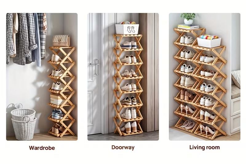 6-Tier Folding Bamboo Shoe Rack, Space-Saving Freestanding Shoe Organizer