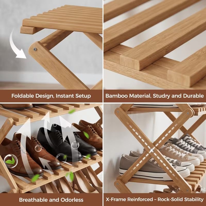 6-Tier Folding Bamboo Shoe Rack, Space-Saving Freestanding Shoe Organizer