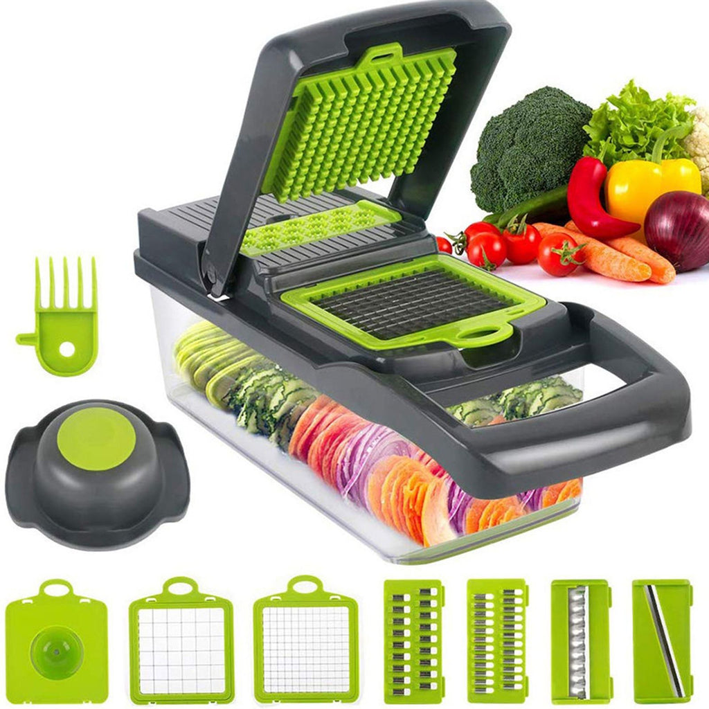 Multi-Function Vegetable Chopper with 1.5L Container – Stainless Steel Dicer, Mandoline Slicer & Grater, Gray/Green
