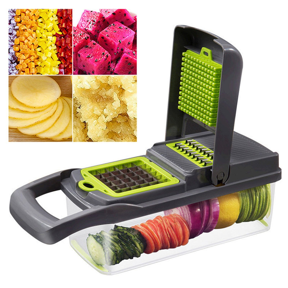 Multi-Function Vegetable Chopper with 1.5L Container – Stainless Steel Dicer, Mandoline Slicer & Grater, Gray/Green