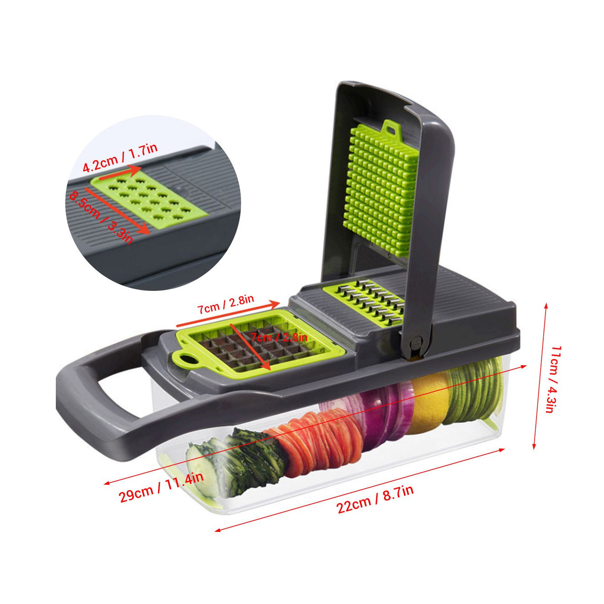 Multi-Function Vegetable Chopper with 1.5L Container – Stainless Steel Dicer, Mandoline Slicer & Grater, Gray/Green