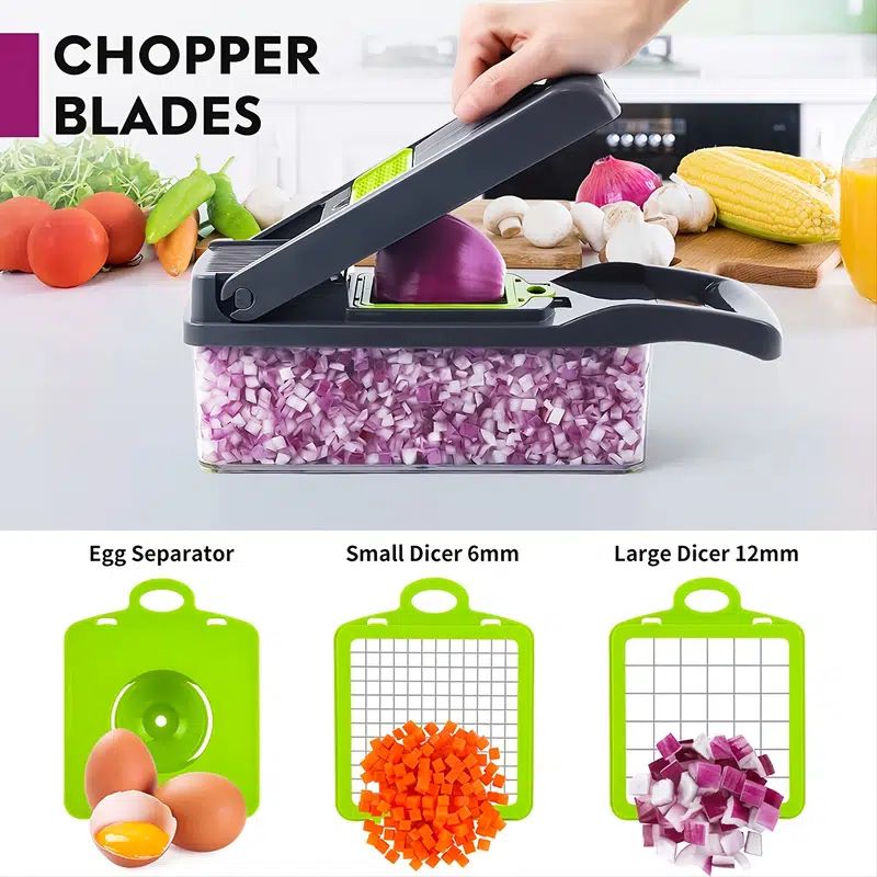 Multi-Function Vegetable Chopper with 1.5L Container – Stainless Steel Dicer, Mandoline Slicer & Grater, Gray/Green