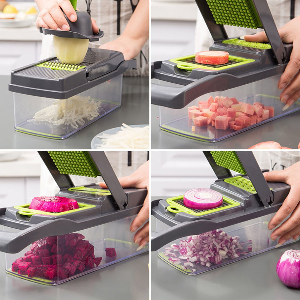 Multi-Function Vegetable Chopper with 1.5L Container – Stainless Steel Dicer, Mandoline Slicer & Grater, Gray/Green