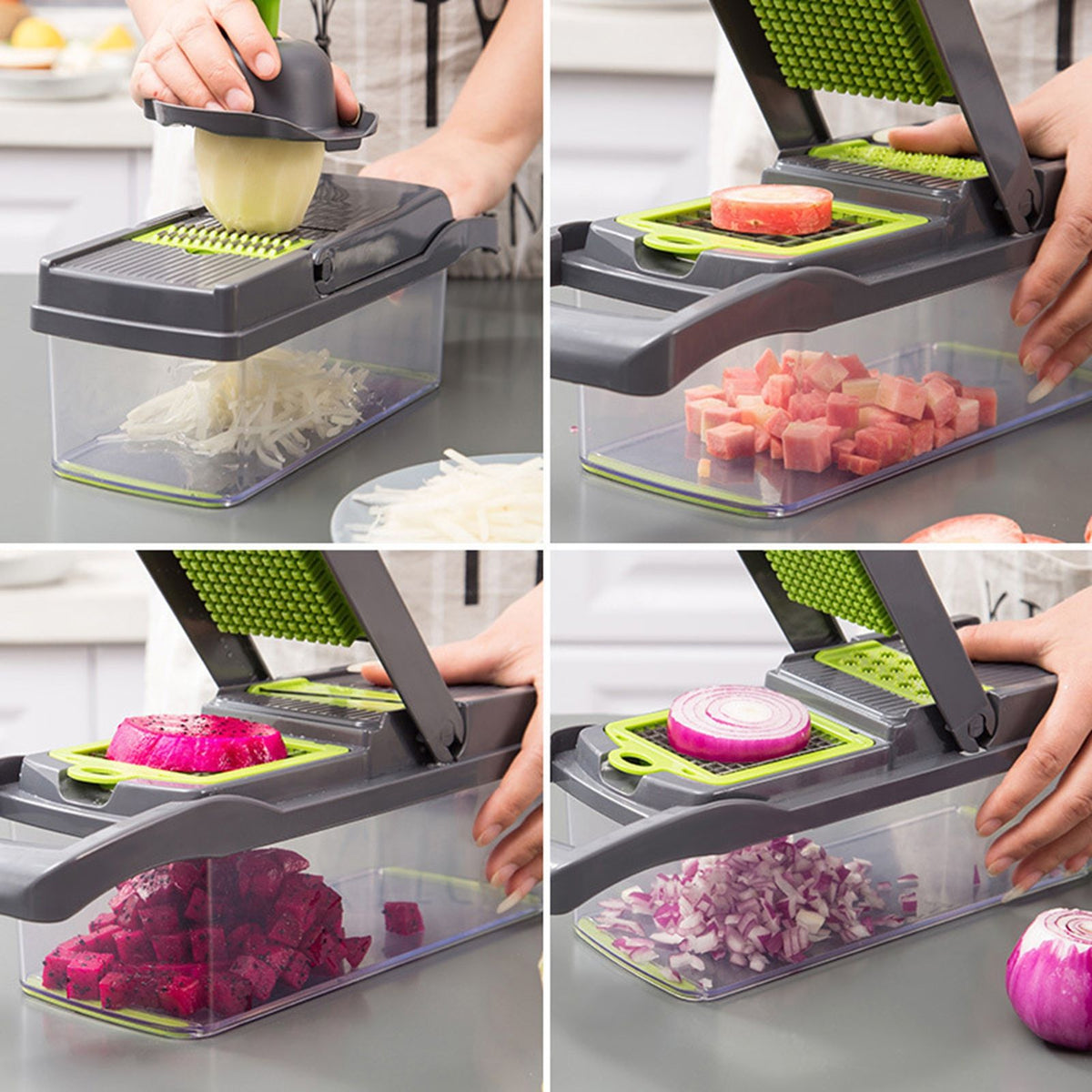 Multi-Function Vegetable Chopper with 1.5L Container – Stainless Steel Dicer, Mandoline Slicer & Grater, Gray/Green