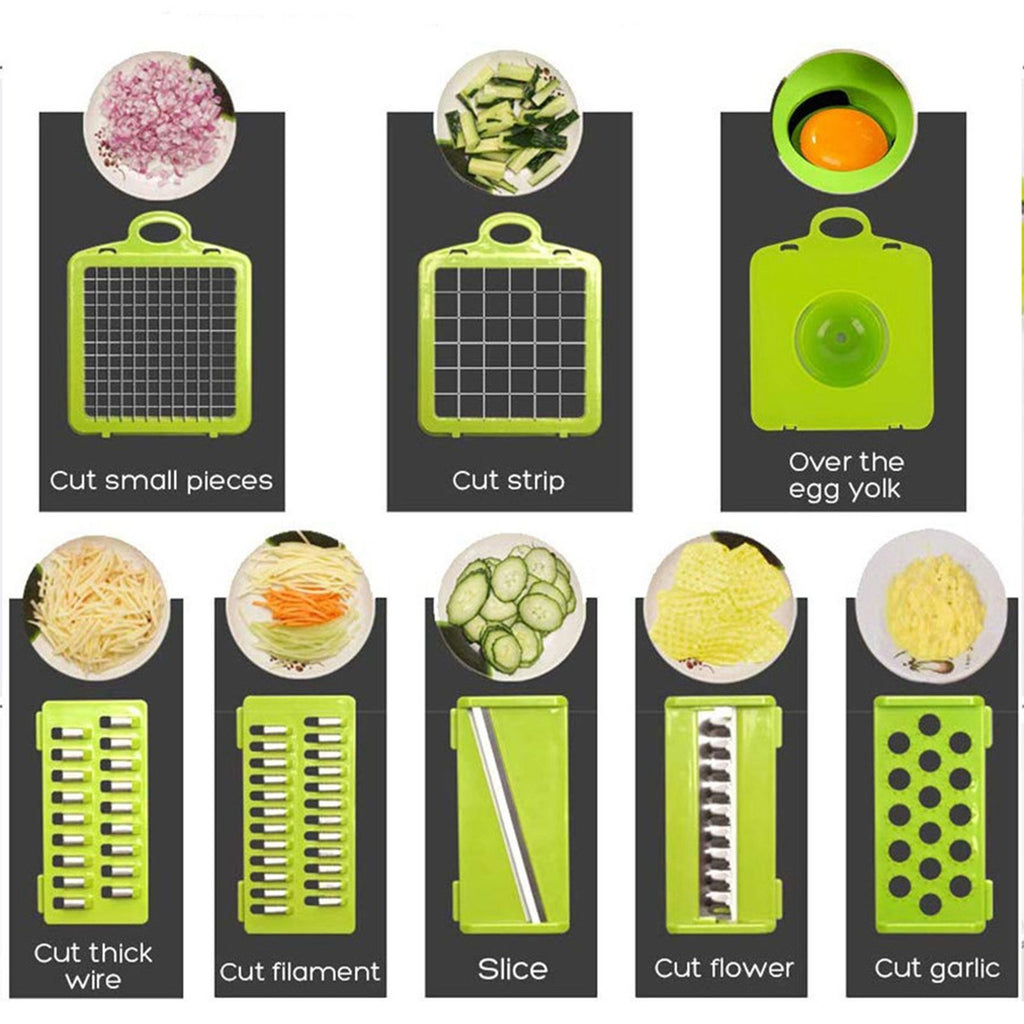 Multi-Function Vegetable Chopper with 1.5L Container – Stainless Steel Dicer, Mandoline Slicer & Grater, Gray/Green