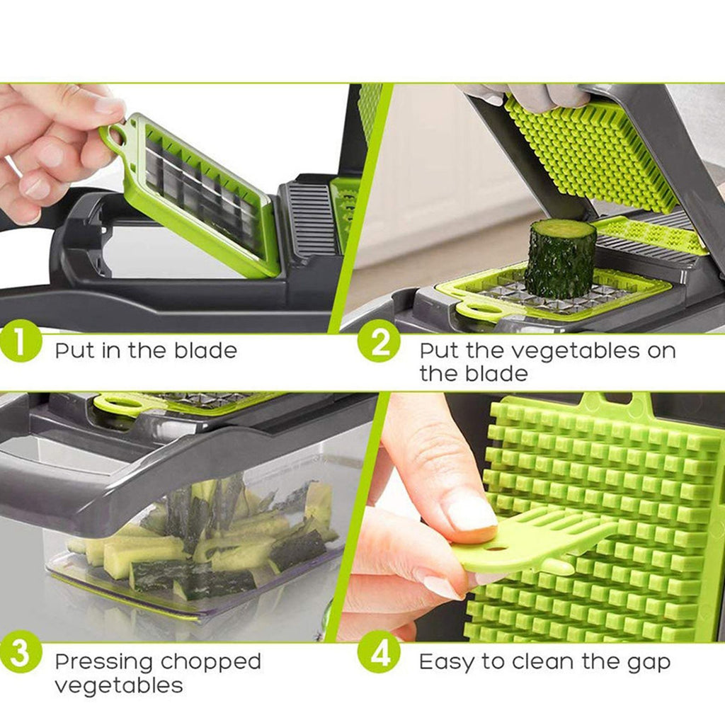 Multi-Function Vegetable Chopper with 1.5L Container – Stainless Steel Dicer, Mandoline Slicer & Grater, Gray/Green