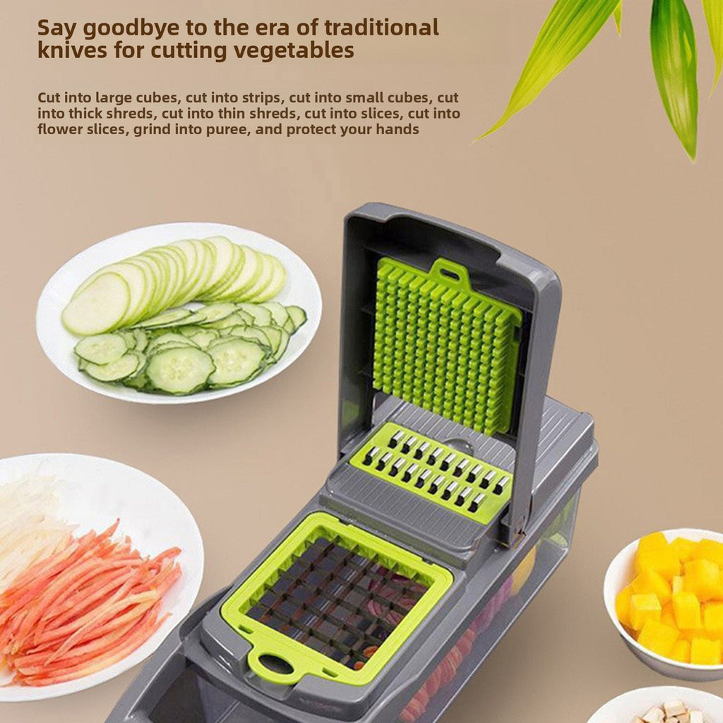Multi-Function Vegetable Chopper with 1.5L Container – Stainless Steel Dicer, Mandoline Slicer & Grater, Gray/Green