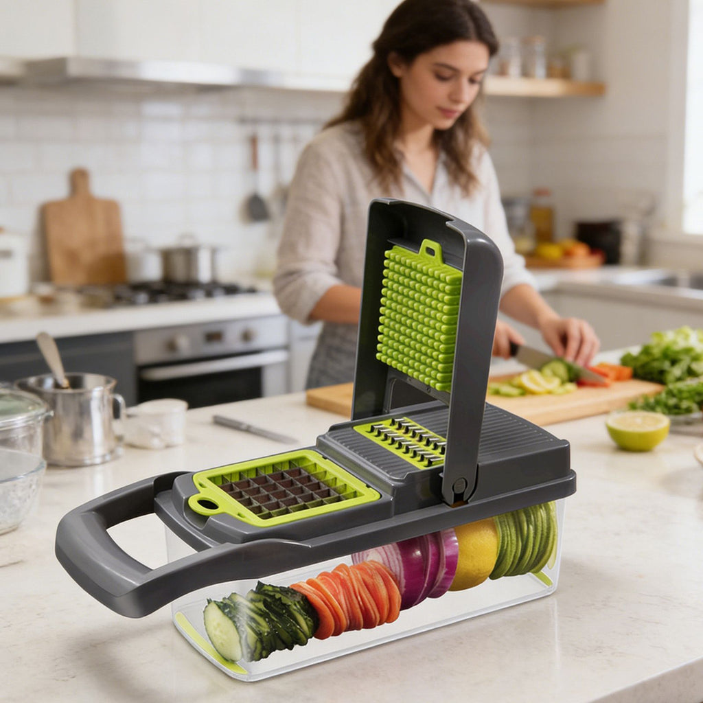 Multi-Function Vegetable Chopper with 1.5L Container – Stainless Steel Dicer, Mandoline Slicer & Grater, Gray/Green