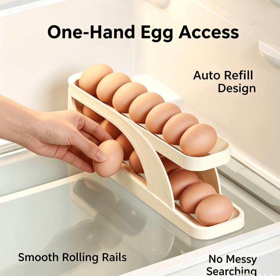 Rolling Egg Holder for Refrigerator, 2-Tier Auto Roll Egg Organizer, Holds About 15 Eggs, Cream White