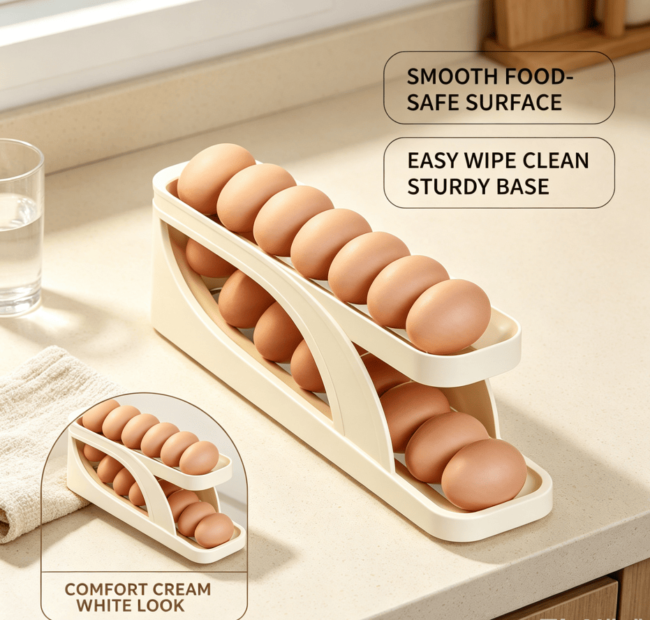 Rolling Egg Holder for Refrigerator, 2-Tier Auto Roll Egg Organizer, Holds About 15 Eggs, Cream White