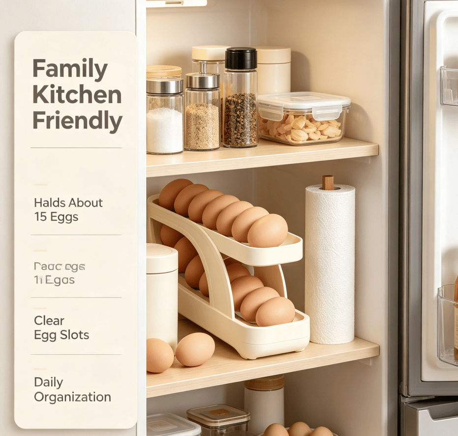 Rolling Egg Holder for Refrigerator, 2-Tier Auto Roll Egg Organizer, Holds About 15 Eggs, Cream White