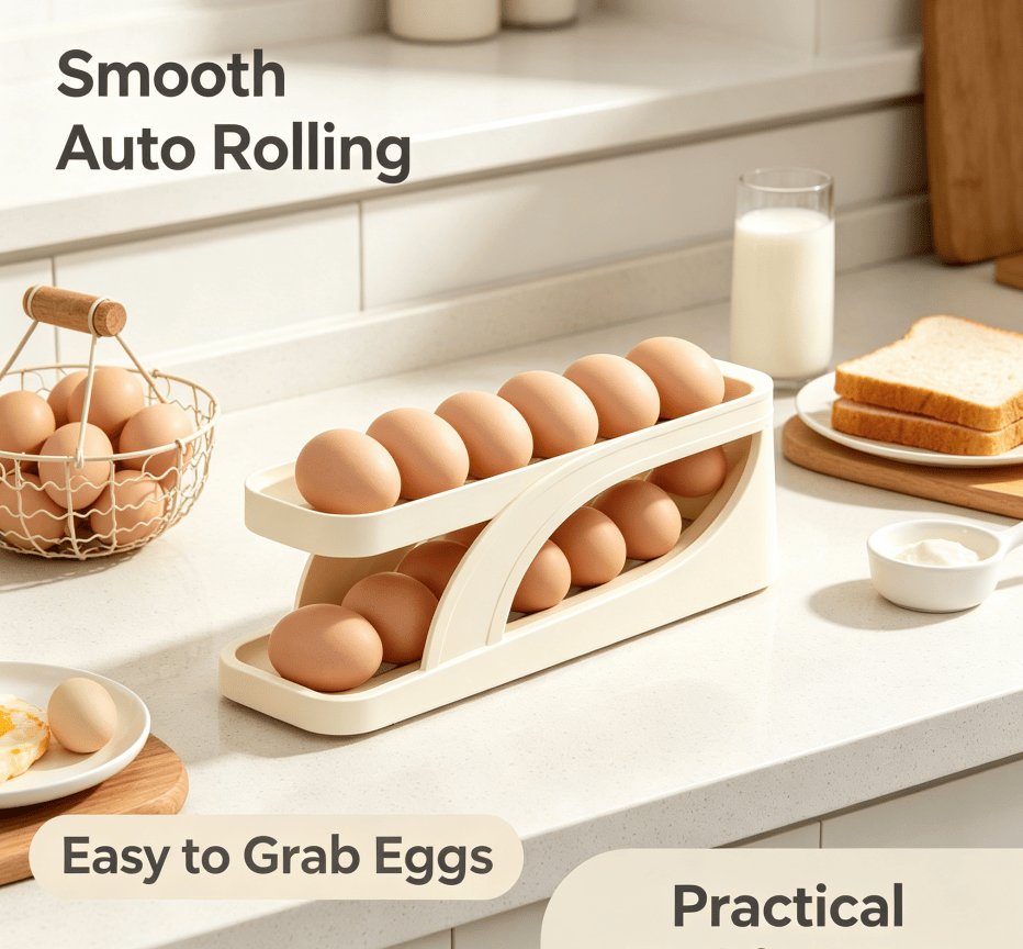 Rolling Egg Holder for Refrigerator, 2-Tier Auto Roll Egg Organizer, Holds About 15 Eggs, Cream White