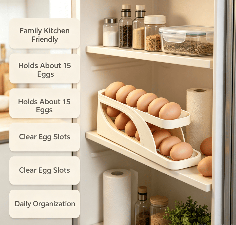 Rolling Egg Holder for Refrigerator, 2-Tier Auto Roll Egg Organizer, Holds About 15 Eggs, Cream White