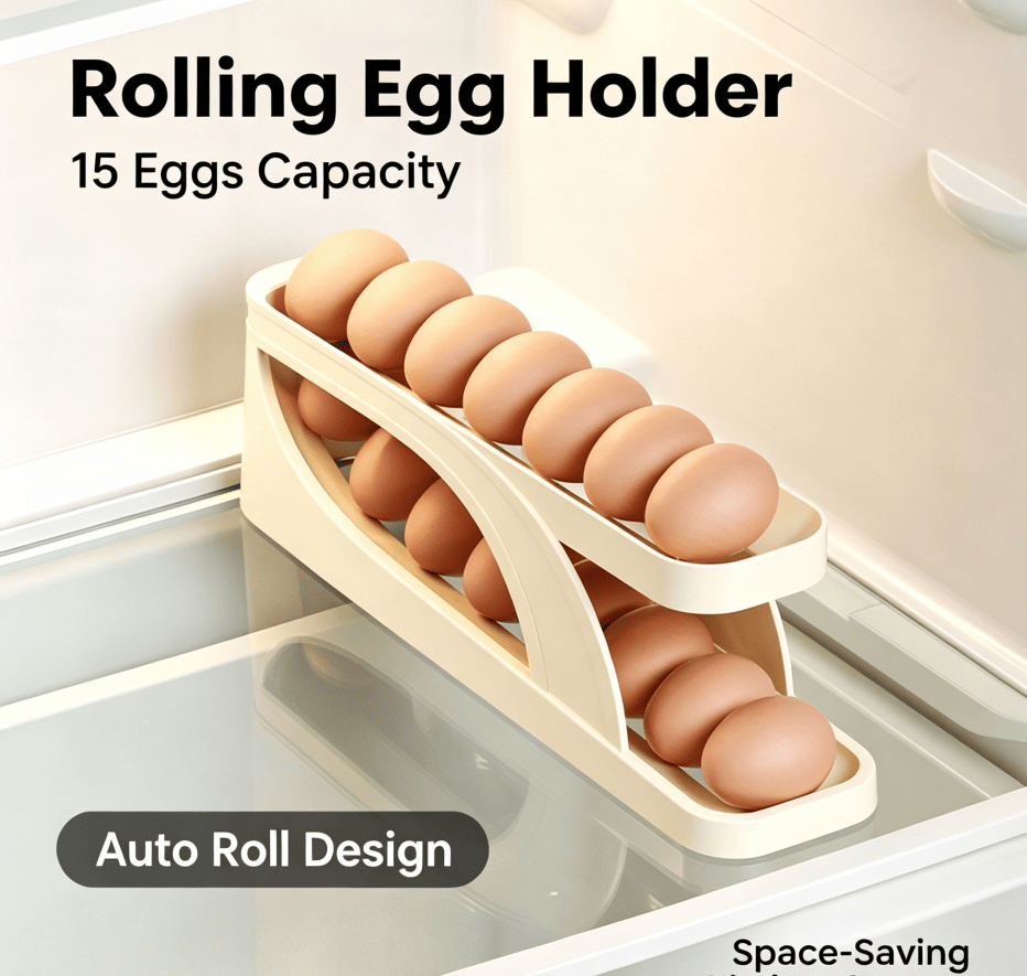 Rolling Egg Holder for Refrigerator, 2-Tier Auto Roll Egg Organizer, Holds About 15 Eggs, Cream White