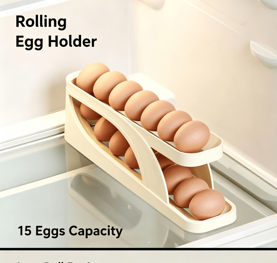 Rolling Egg Holder for Refrigerator, 2-Tier Auto Roll Egg Organizer, Holds About 15 Eggs, Cream White