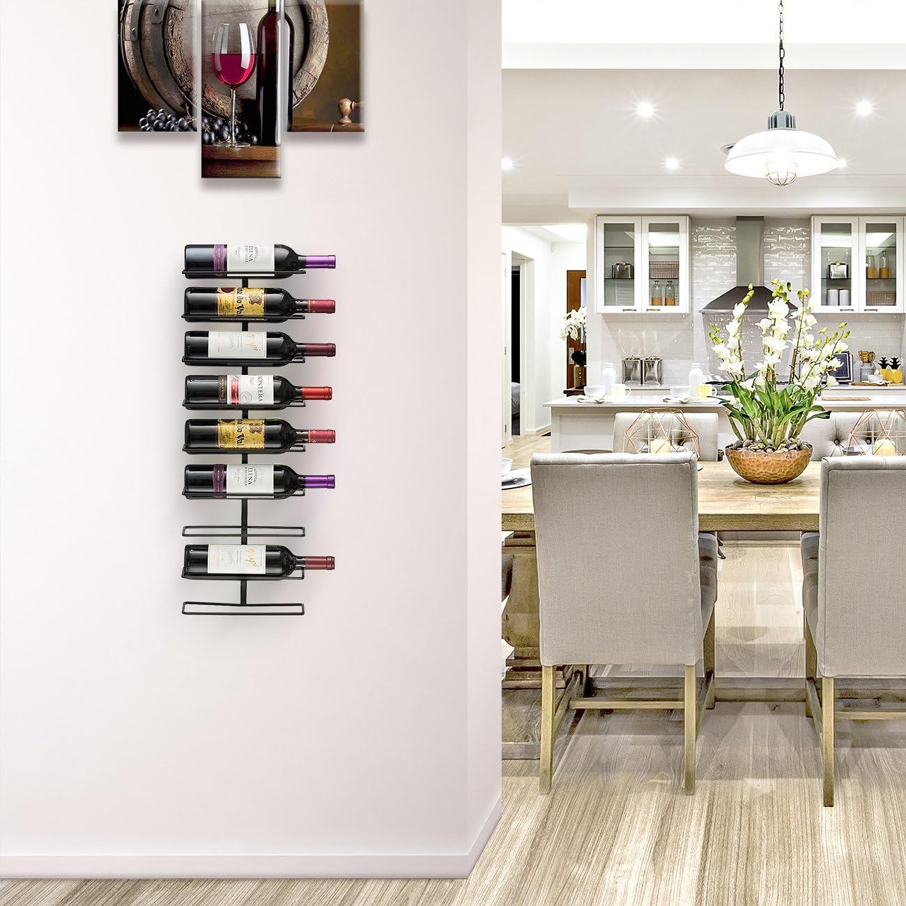 Wall-Mounted 8-Bottle Wine Rack, Vertical Metal Wine Bottle Holder for Kitchen, Dining Room & Home Bar, BlackWall-Mounted 8-Bottle Wine Rack, Vertical Metal Wine Bottle Holder for Kitchen, Dining Room & Home Bar, Black