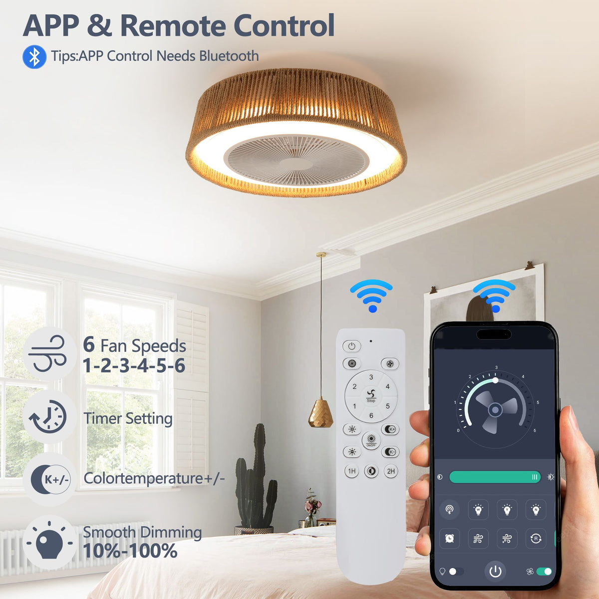 AEELLEEA 21.3" Boho Caged Ceiling Fan with Light, Remote Control, 6 Speeds, Dimmable LED, Reversible Motor, White