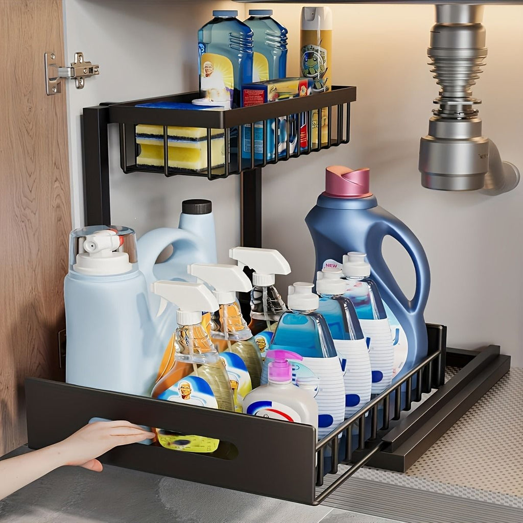 2-Tier Under Sink Organizer with Sliding Drawer & Storage Basket, Metal Cabinet Organizer,