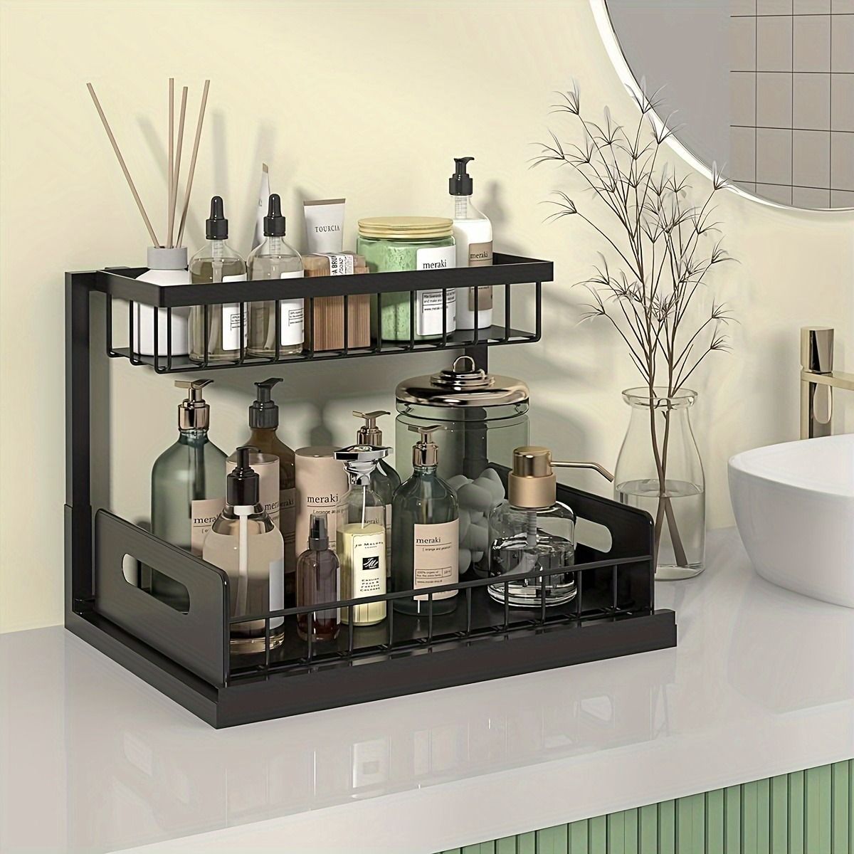 2-Tier Under Sink Organizer with Sliding Drawer & Storage Basket, Metal Cabinet Organizer,