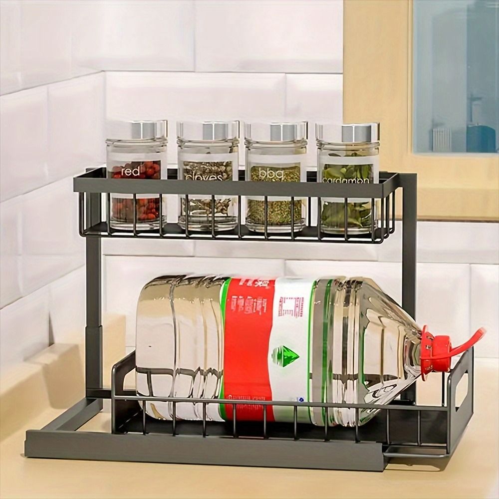 2-Tier Under Sink Organizer with Sliding Drawer & Storage Basket, Metal Cabinet Organizer,