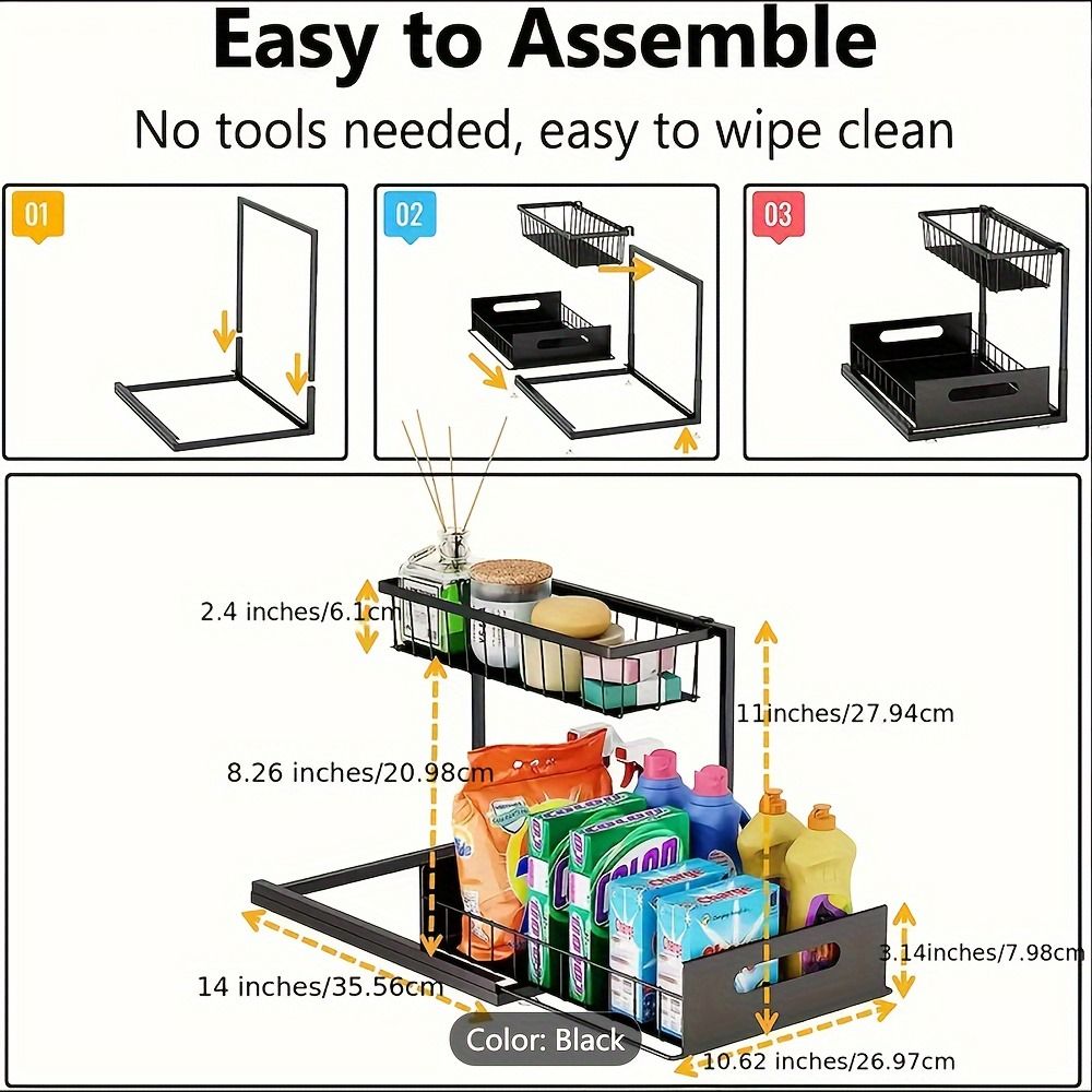 2-Tier Under Sink Organizer with Sliding Drawer & Storage Basket, Metal Cabinet Organizer,