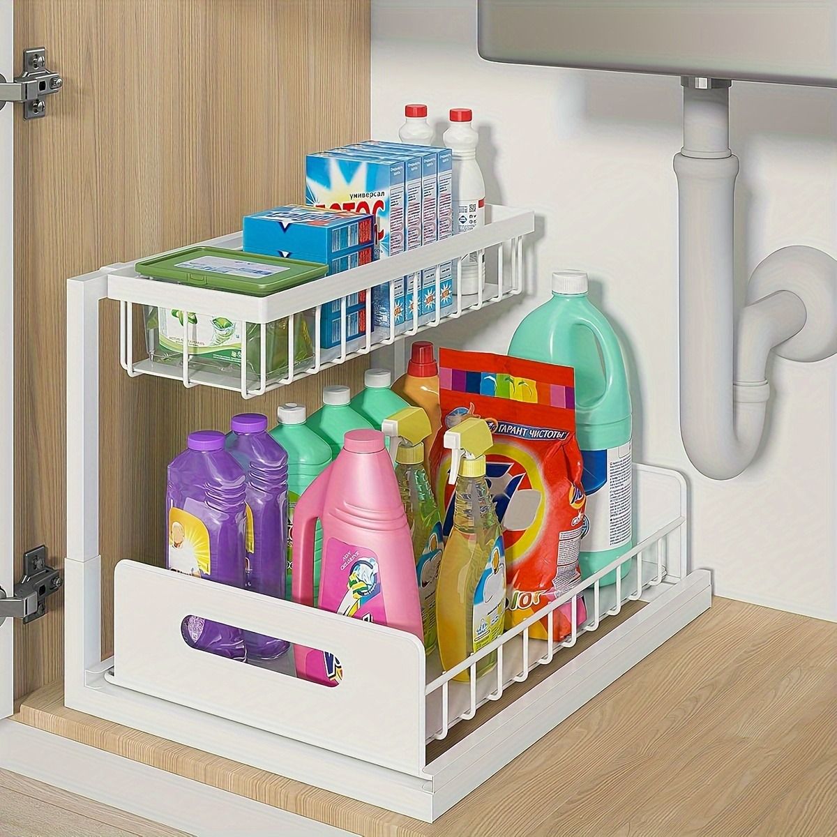 2-Tier Under Sink Organizer with Sliding Drawer & Storage Basket, Metal Cabinet Organizer,