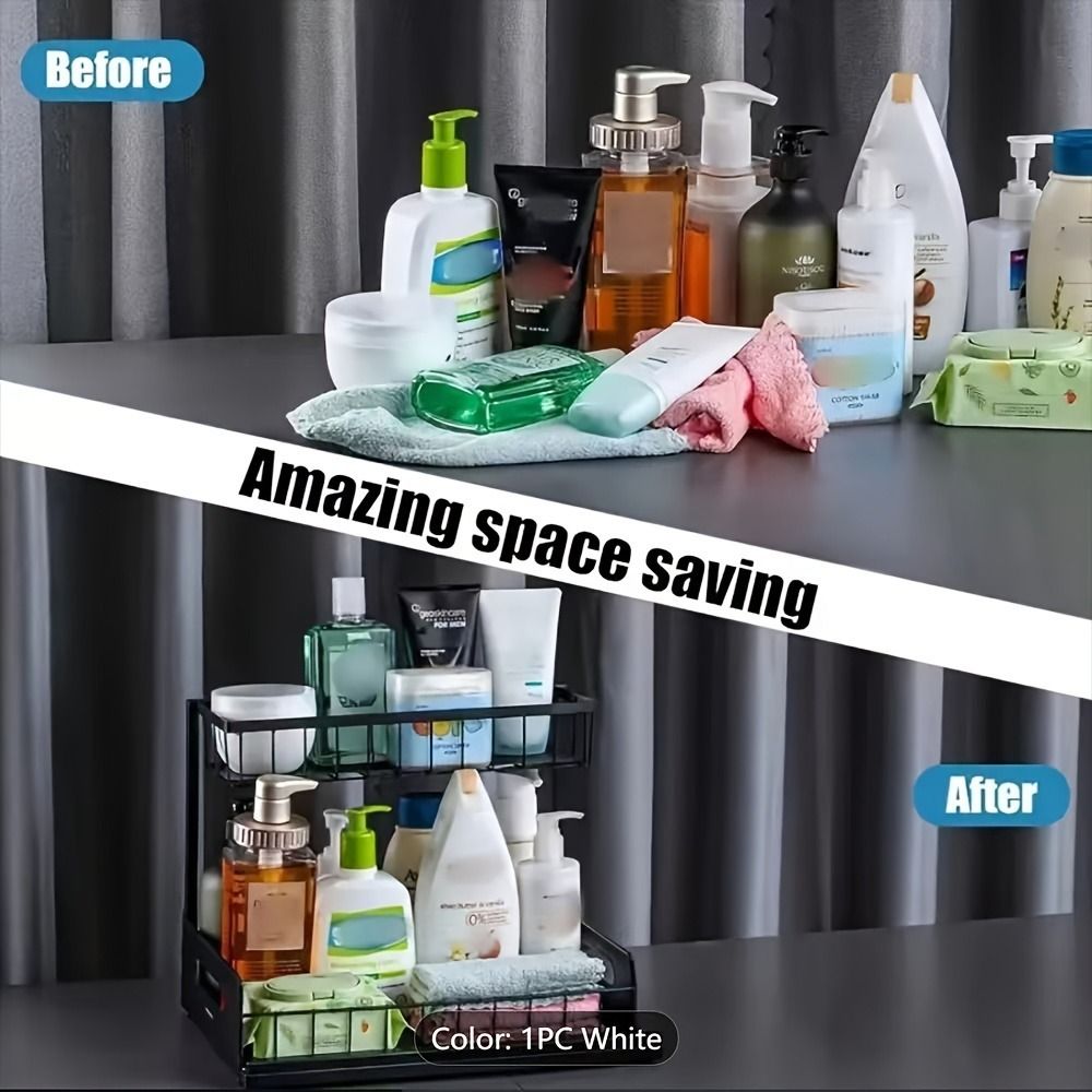 2-Tier Under Sink Organizer with Sliding Drawer & Storage Basket, Metal Cabinet Organizer,