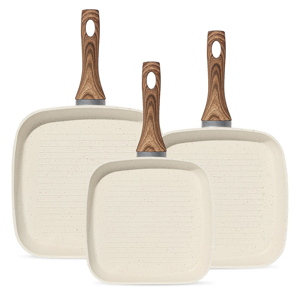 3-Piece Square Nonstick Frying Pan Set, 9.5"/10.2"/11", Oven Safe Cookware for All Stovetops, Cream