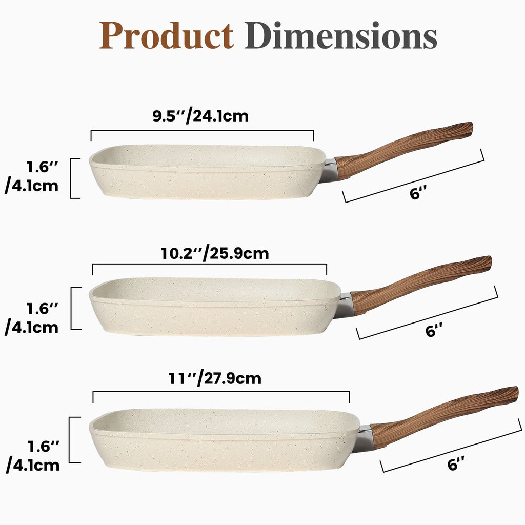 3-Piece Square Nonstick Frying Pan Set, 9.5"/10.2"/11", Oven Safe Cookware for All Stovetops, Cream