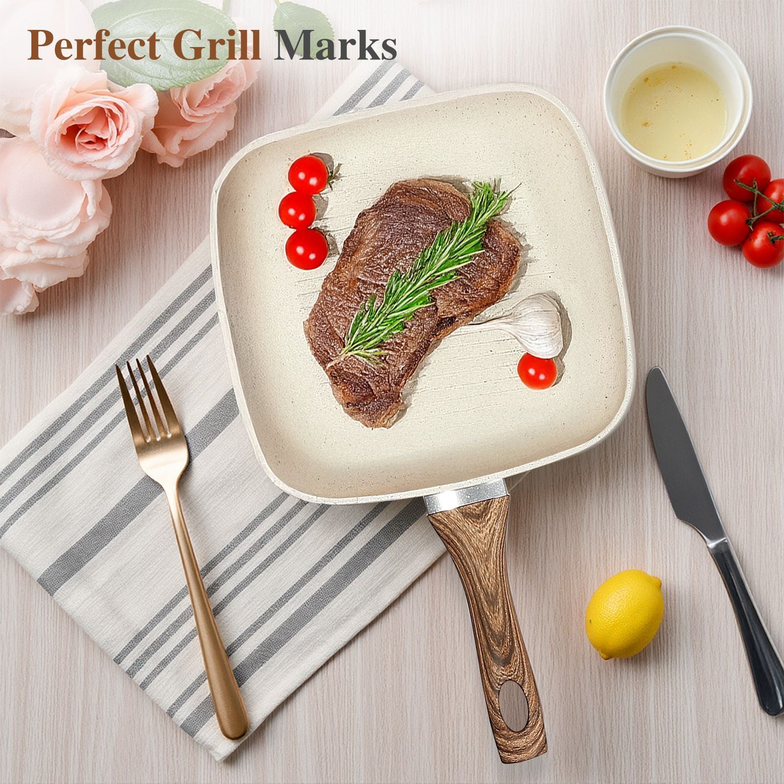 3-Piece Square Nonstick Frying Pan Set, 9.5"/10.2"/11", Oven Safe Cookware for All Stovetops, Cream