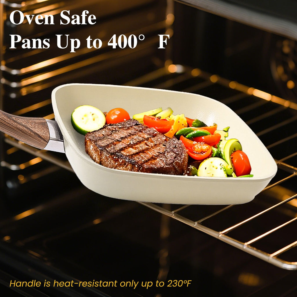 3-Piece Square Nonstick Frying Pan Set, 9.5"/10.2"/11", Oven Safe Cookware for All Stovetops, Cream