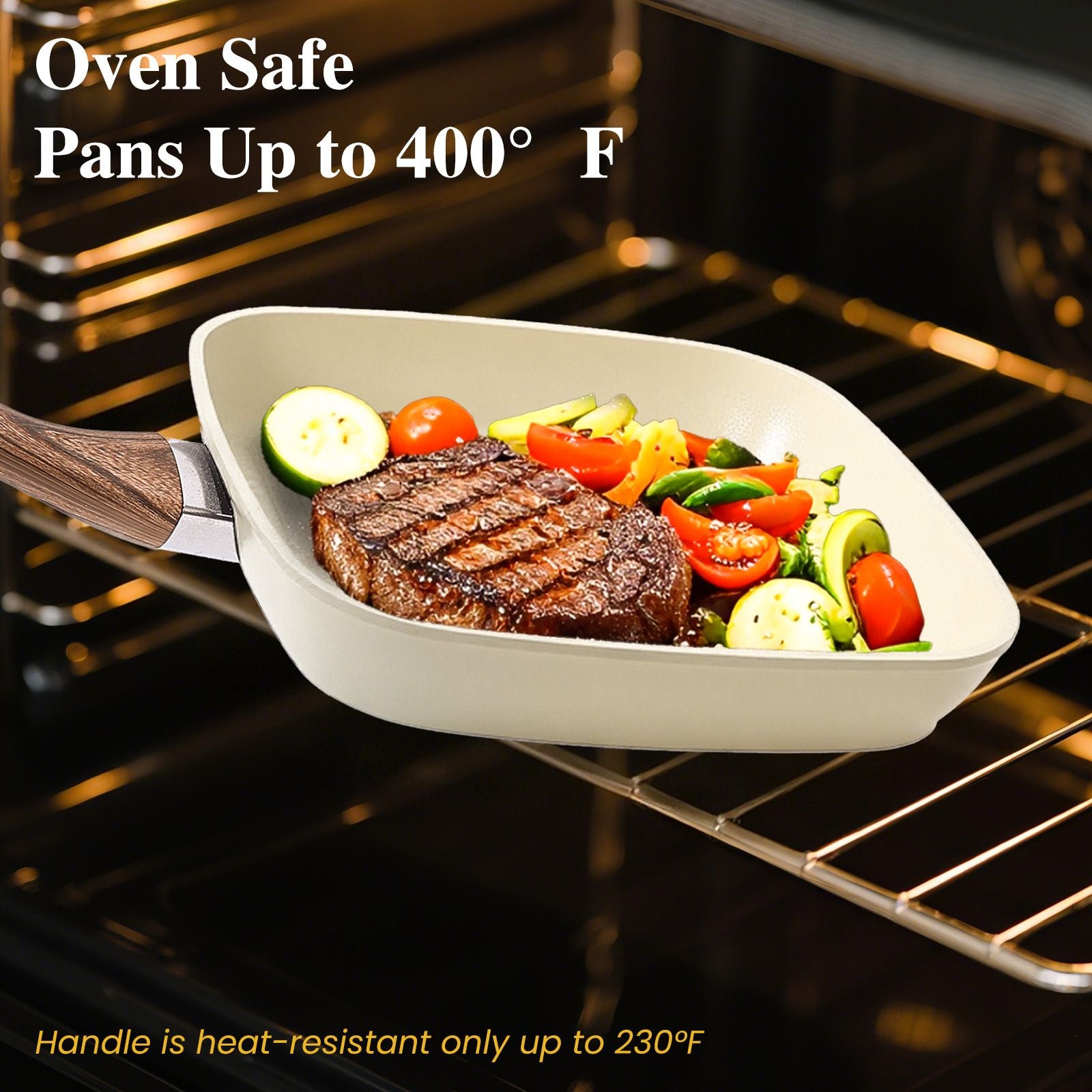 3-Piece Square Nonstick Frying Pan Set, 9.5"/10.2"/11", Oven Safe Cookware for All Stovetops, Cream