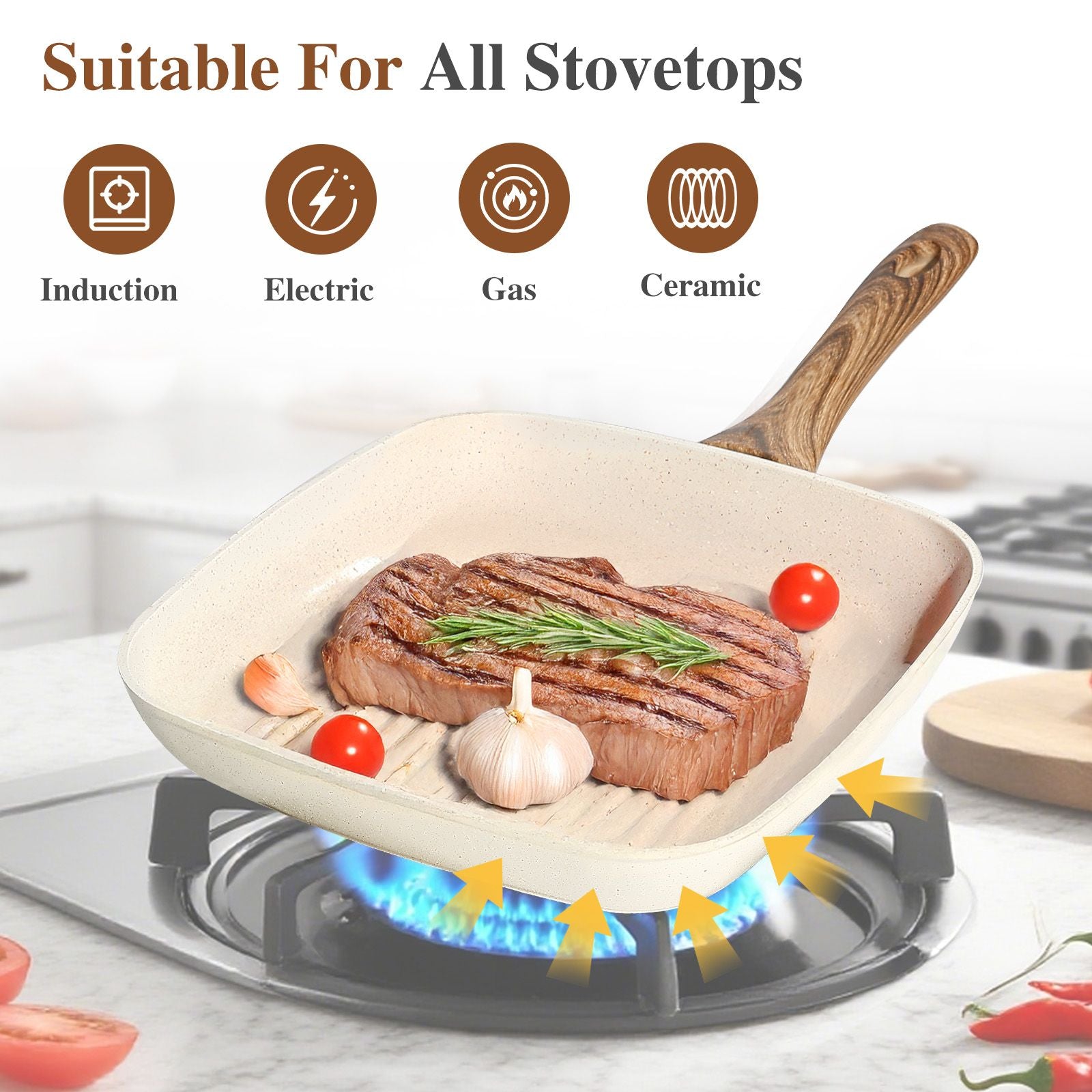 3-Piece Square Nonstick Frying Pan Set, 9.5"/10.2"/11", Oven Safe Cookware for All Stovetops, Cream